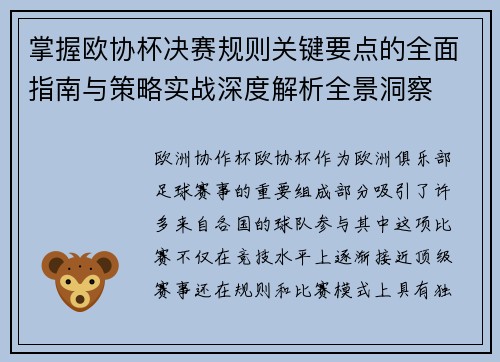 掌握欧协杯决赛规则关键要点的全面指南与策略实战深度解析全景洞察